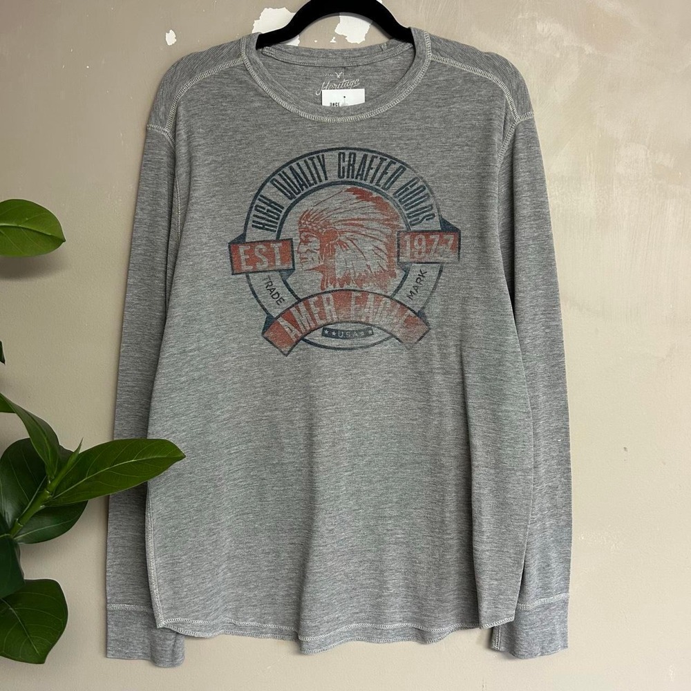 American Eagle Mens XL Grey Thermal Shirt Indian Head Graphic Y2K Vintage 00s